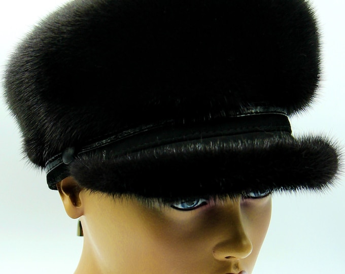 Black Mink Fur Newsboy Cap Women Breton Hat - Handmade Luxury Winter Military Style Leather Trim