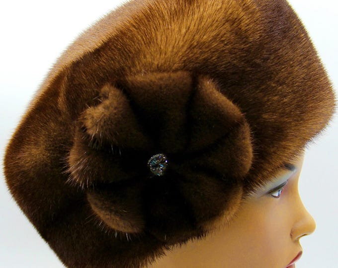 Pastel Brown Mink Fur Kubanka Hat Women Winter Flower Accent - Handmade Luxury Round Natural