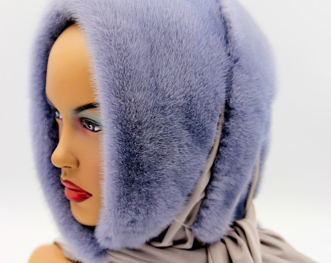 Iris Purple Dyed Mink Fur Hat Hooded Scarf - Lavender Violet Winter Wrap