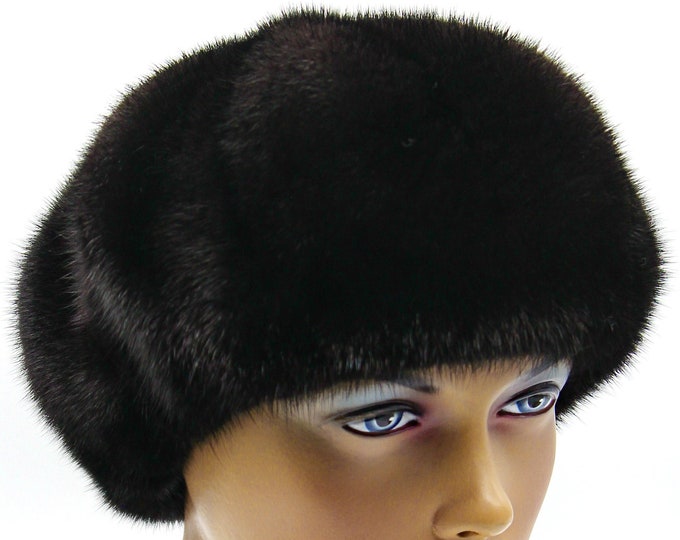 Brown Mink Fur Hat Beret Ribbed Design Ukraine Women