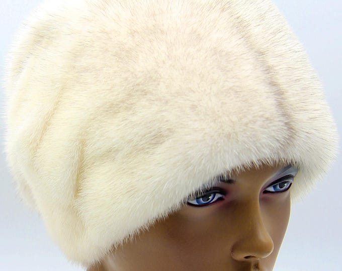 Silver Cross Mink Fur Hat for Women - Handmade Natural Ivory Winter Headwear