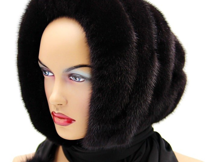 Black Mink Fur Hat Striped Suede Hooded Scarf - Zebra Pattern Winter Wrap