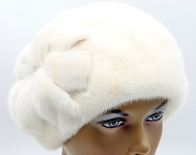 Mink hat with a fur flower women's winter "Ball with Applique" handmade headdress