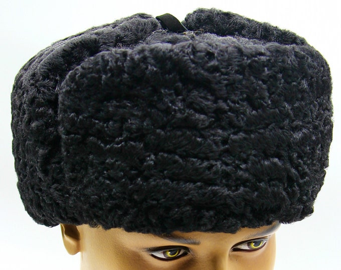 Black Astrakhan Fur Hat - Men's Winter Ushanka with Quilted Lining