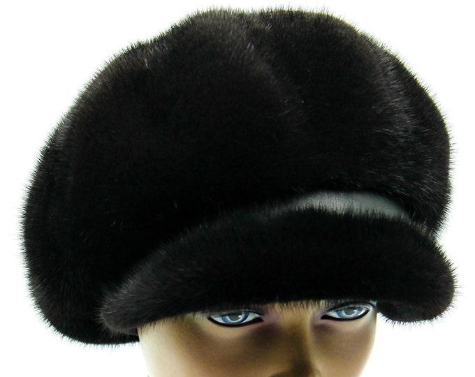 Black Mink Fur Newsboy Cap Women Baker Boy Hat - Handmade Luxury Winter Leather Visor