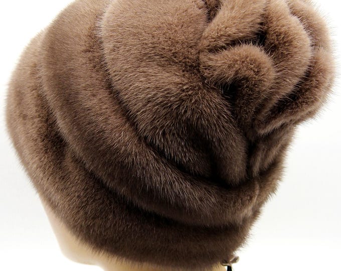 Coffee Brown Mink Fur Hat Women Winter with Suede Stripes - Handmade Luxury Warm Headwear Rose Back