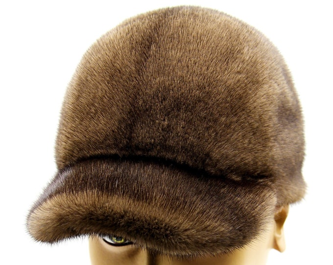 Premium Brown Pastel Mink Fur Baseball Cap - Soft Luxury Men's Winter Headwear