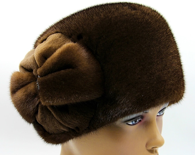 Fur hat women winter "Kubanka" with a flower