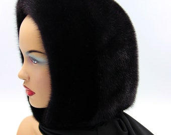 Black Mink Fur Hooded Scarf Women Winter Hat Head Shawl Stole Handmade Weather Accessory