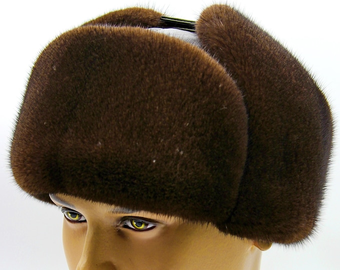 Brown Leather Mink Ushanka Hat - Premium Men's Winter Trapper with Fur Trim