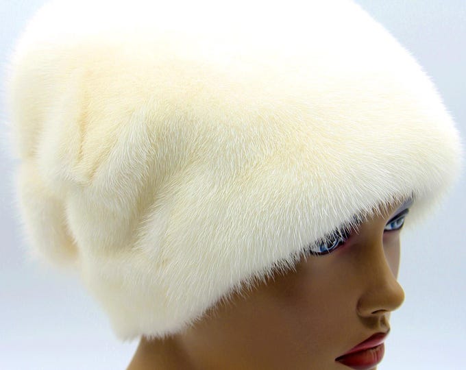 Natural White Mink Fur Hat for Women - Handmade Undyed Winter Headwear