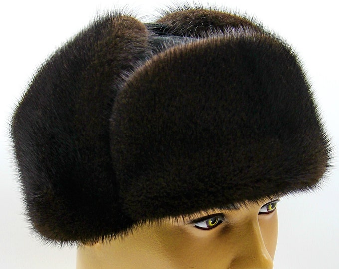 Brown Mink Fur Black Suede Ushanka Youth - Modern Three-Position Winter Hat