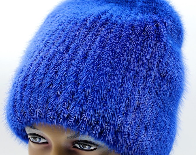 Blue Mink Fur Beanie Hat - Women's Winter Knitted Base Construction