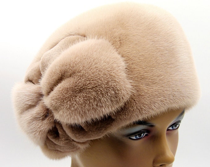 Fur hat woman winter mink "Kubanka" with a flower