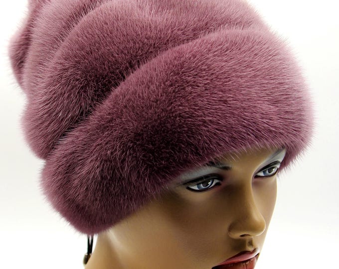 Lilac Purple Mink Fur Hat Rosette Women Winter Striped