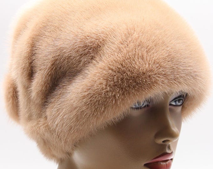 Powder Beige Mink Fur Hat with Gathered Bow Back for Women - Handmade Dyed Winter