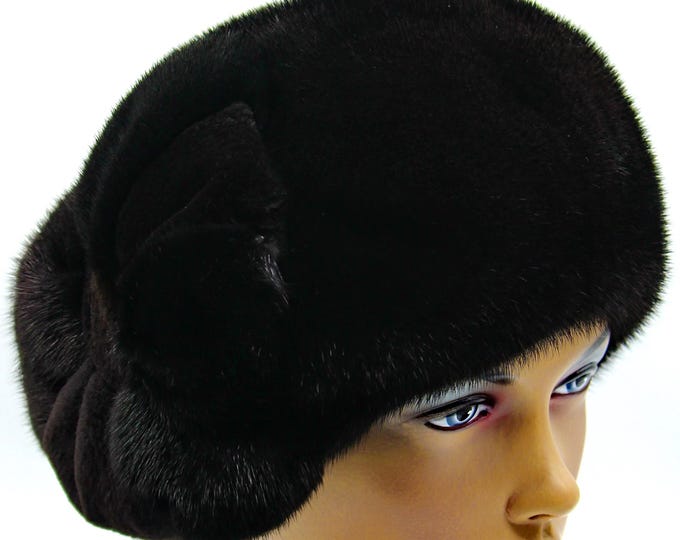 Black Mink Fur Hat Beret Flower Ukraine Women Elegant