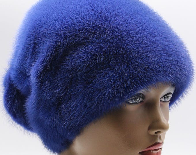 Electric Blue Mink Fur Hat with Gathered Bow Back for Women - Handmade Dyed Winter