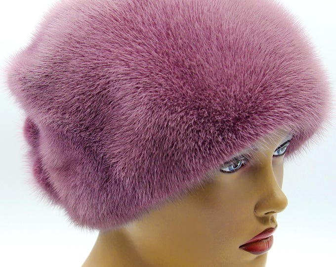 Purple Lilac Mink Fur Hat with Bow - Handmade Dyed Winter Headwear for Women