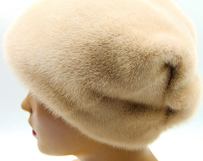 Beige Cream Mink Fur Hat with Bow - Handmade Winter Headwear for Women