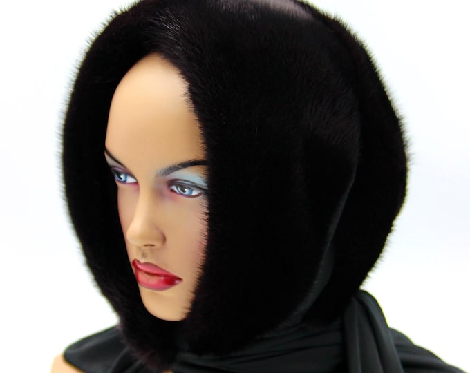 Mink hood winter shawl made of fur headdress hat black.