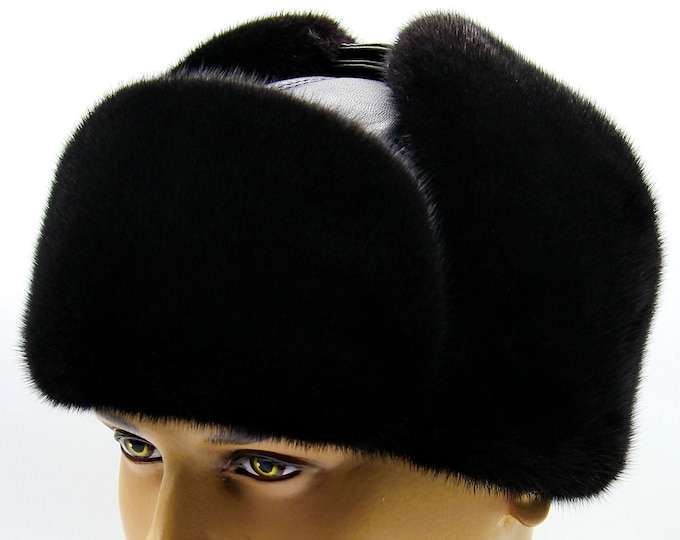 Black Mink Fur Leather Ushanka Youth - All Black Monochromatic Winter Hat