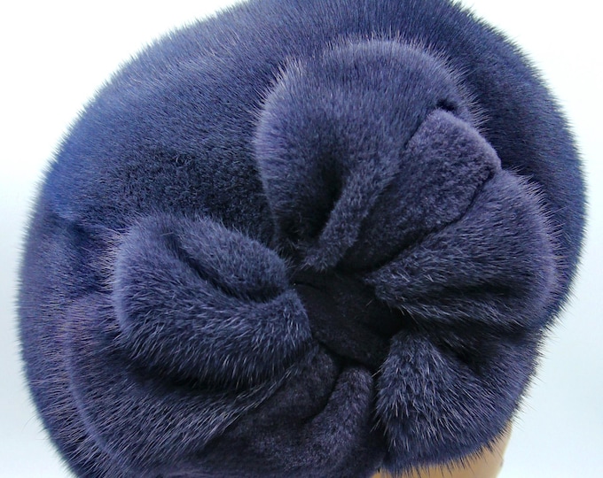 Graphite Mink Fur Hat Beret Flower Dyed Ukraine Women