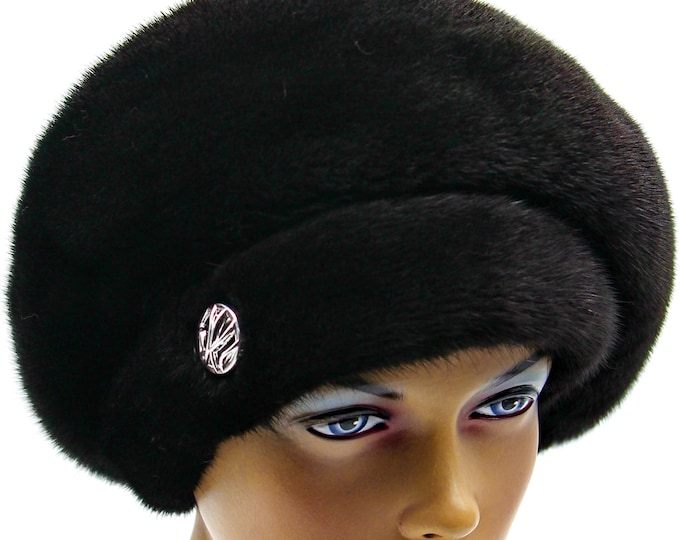 Voluminous Black Mink Fur Hat Beret Ukraine Women