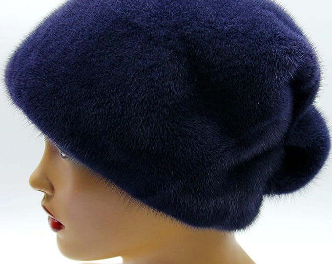 Graphite Gray Mink Fur Hat with Bow - Handmade Winter Headwear for Women