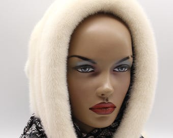 Cream White Mink Fur Hood Cowl Winter Accessory Womens Hat Knit Cold Weather Style