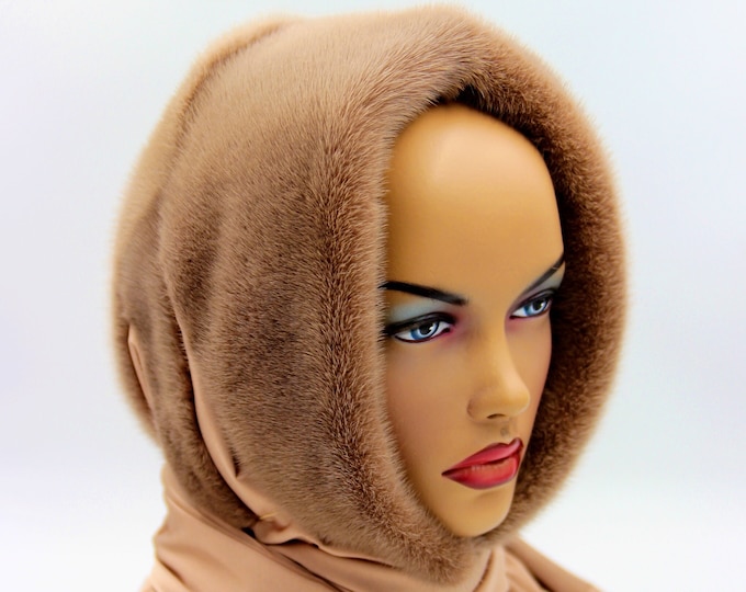 Mink fur hooded scarf shawl winter scarf hat for women