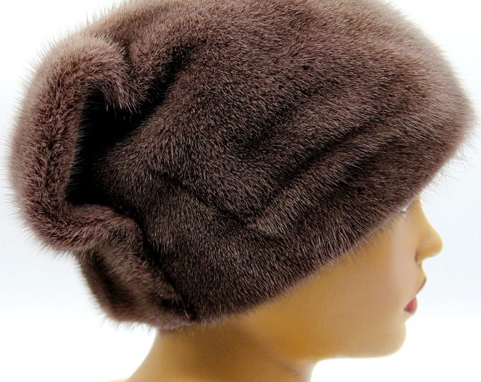 Coffee Brown Mink Fur Hat Wave Bow Back - Handmade Winter Headwear for Women