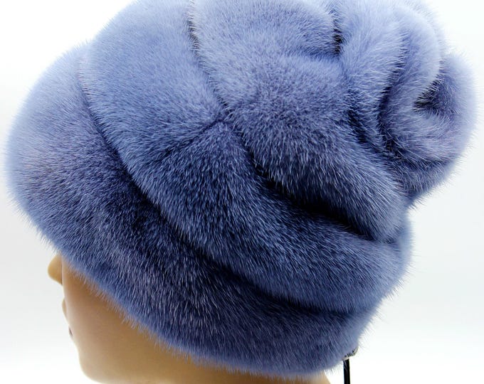 Lilac Purple Mink Fur Hat Women Winter with Suede Stripes - Handmade Luxury Warm Headwear Rose Back