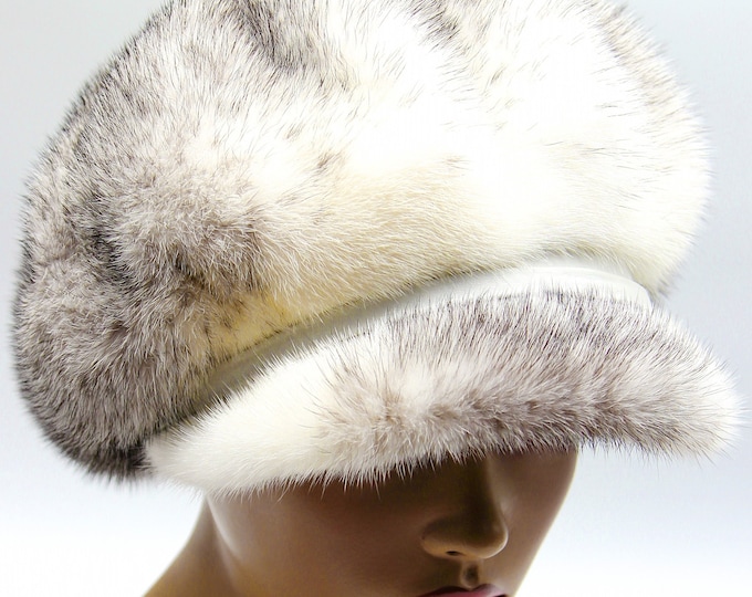 Silver Cross Mink Fur Newsboy Cap Women Baker Boy Hat - Handmade Luxury Winter Natural Grey White