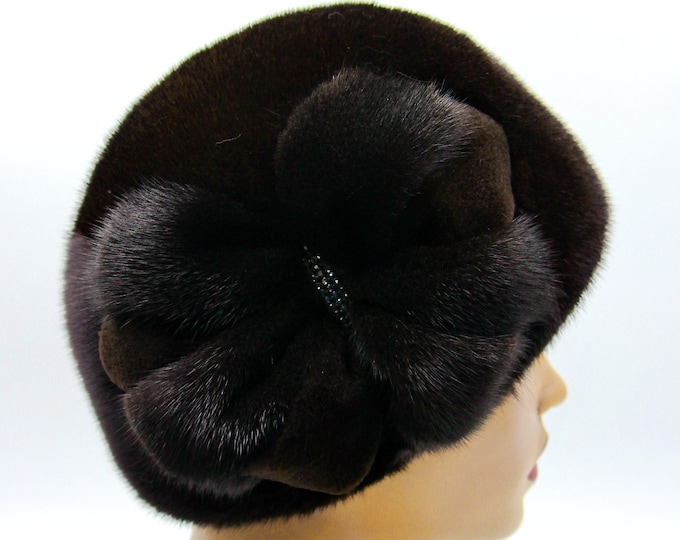 Mink fur hat with a mink flower women's winter "Ball with Applique" handmade headdress