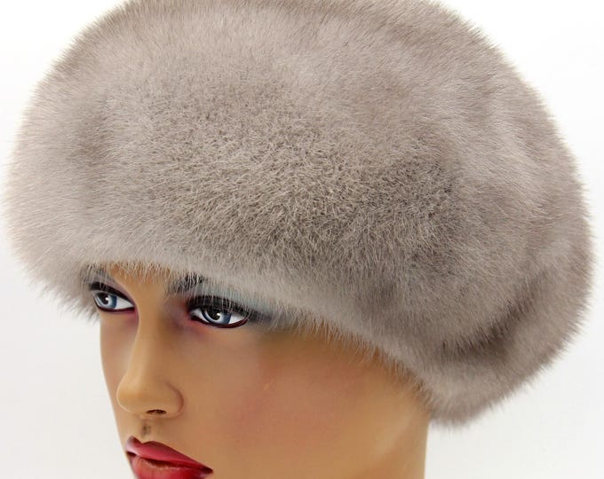 Sapphire Mink Fur Beret Ukraine Natural Grey Blue Hat