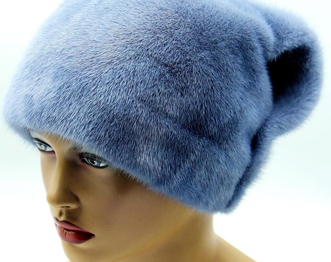 Light Blue Mink Fur Hat Wave Bow Back - Handmade Winter Headwear for Women