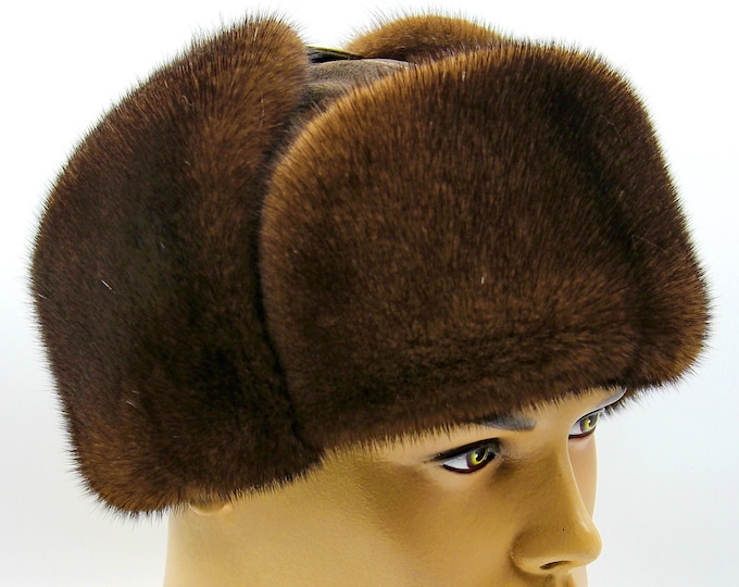 Pastel Brown Mink Fur Suede Ushanka Youth - Modern Three-Position Winter Hat
