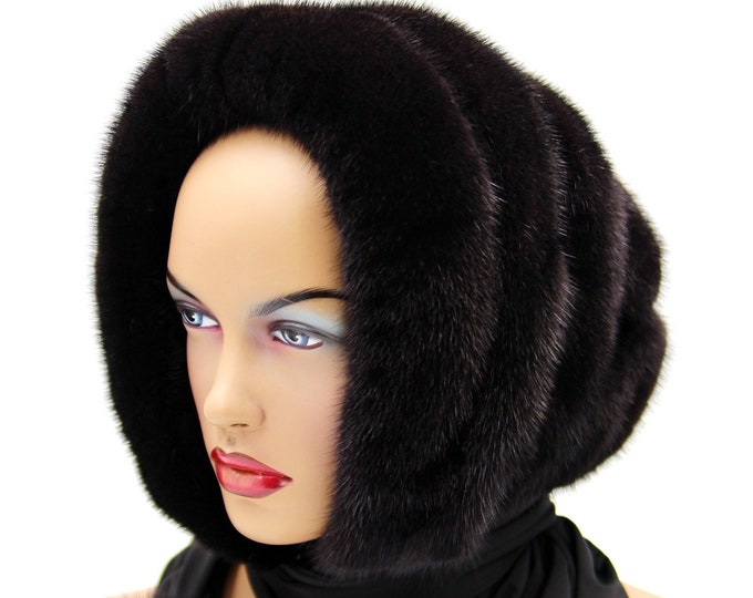 Mink fur hat scarf womens headdress winter hooded shawl black