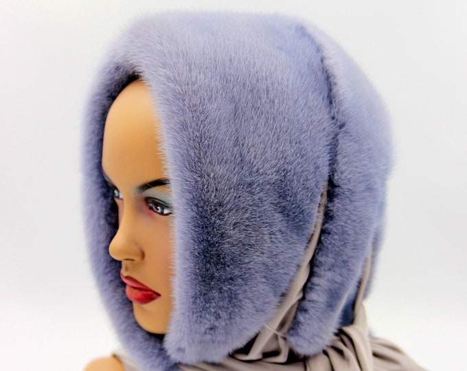 Mink hood fur hat mink winter scarf headdress shawl woman scarf iris color.