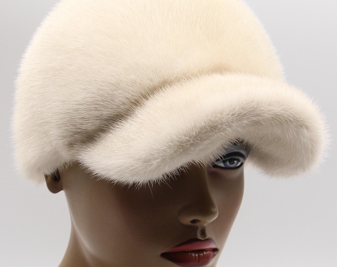 Ivory Mink Fur Baseball Cap - Handmade Natural Winter Hat for Women Luxury Sporty Style