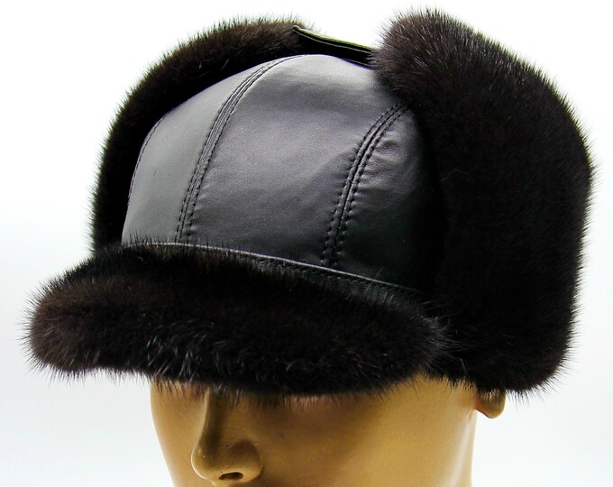 Black Leather Ushanka Hat with Mink Fur Earflaps - Men's Winter Trapper