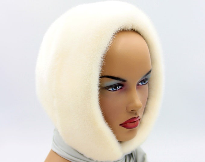 Mink fur hat winter hood headdress made of mink scarf for women shawl white.