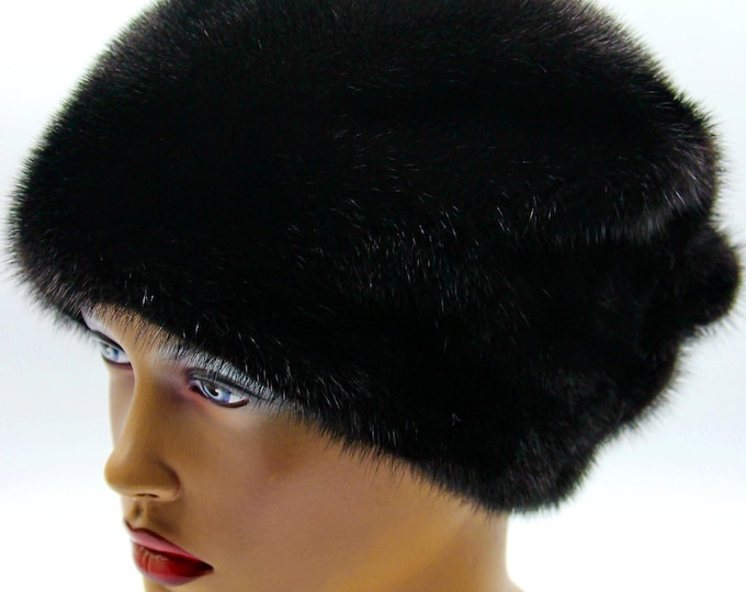 Black Mink Fur Hat Voluminous Style - Handmade Winter Headwear for Women