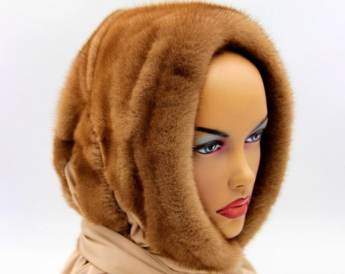 Mink fur hat winter hooded womens shawl scarf headdress pastel