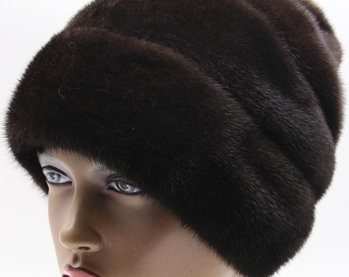 Brown Mink Fur Hat with Suede Strips Rose Detail for Women - Handmade Natural Winter