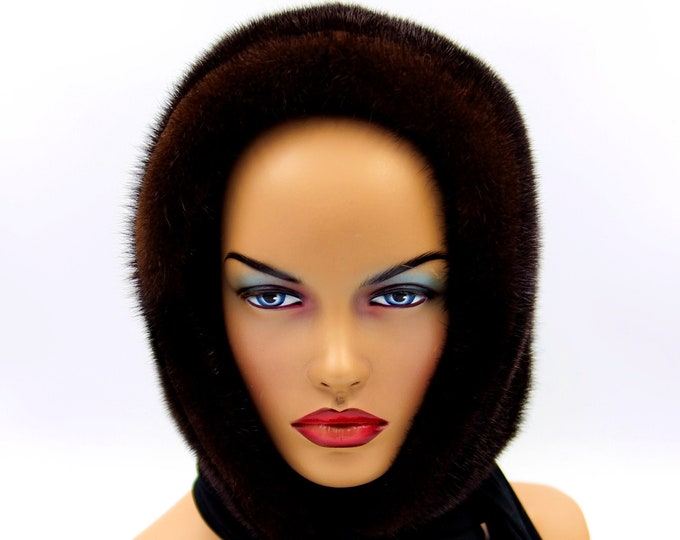 Mink fur hat winter hooded scarf womens headdress shawl brown