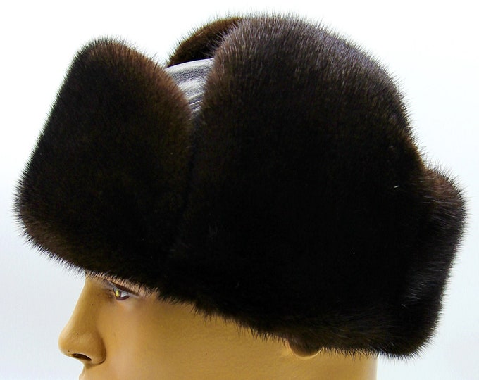 Dark Brown Mink Fur Leather Collar Ushanka Youth - Modern Three-Position Winter Hat