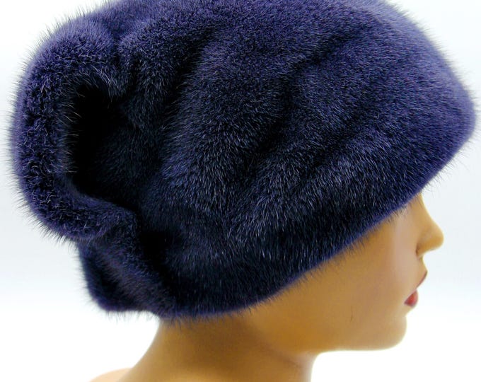 Graphite Gray Mink Fur Hat Women Winter Real Headwear Wave Bow Back Warm Handmade