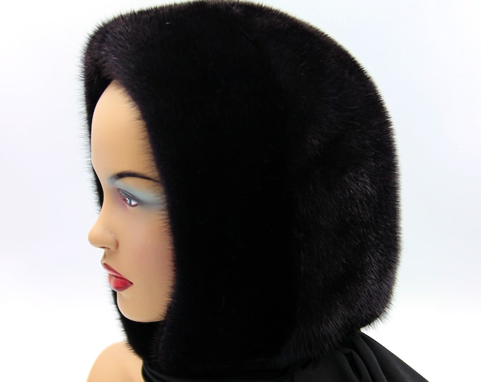 Mink fur hat winter hooded scarf womens headdress shawl scarf black